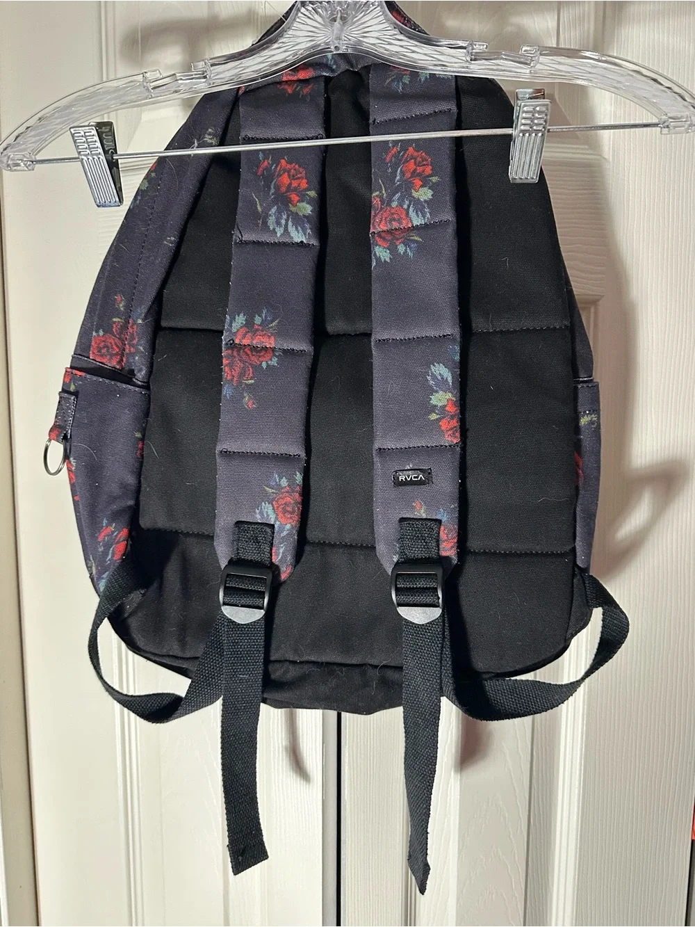 RVCA Black Backpack with Red Rose Pattern